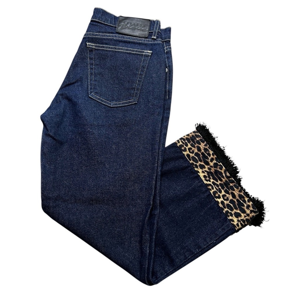 Express Bleus Jeans Women 7 Blue Leopard Print Cuff Fringe Wide Leg Vintage‎ Y2K